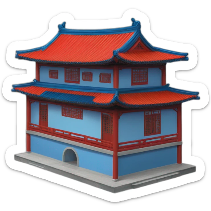 the facade of a medium-sized Chinese-style house with a blue roof and red wooden structures sticker