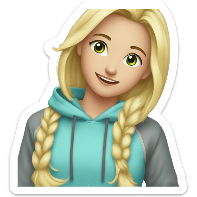 Girl Blonde hair at shoulders, green eyes, sonrisa, light blue hoddie sticker