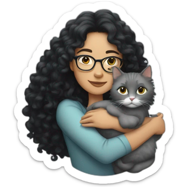 Curly woman with long black hair and glasses, hugging a gray cat sticker