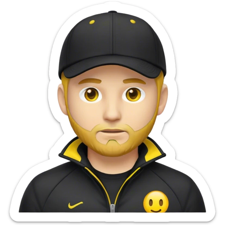  man wearing a black cap and a dark sports jacket with bright yellow details. He has light skin, a short beard, and a serious facial expression. The emoji should capture his key facial features and clothing details in a simplified but recognizable style. sticker