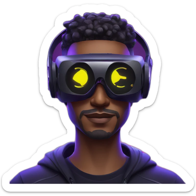 Cyberpunk style. Violet neon. Man with light skin in the black hoody with violet OMG VR logo on it wearing vr headset oculus quest 2 sticker