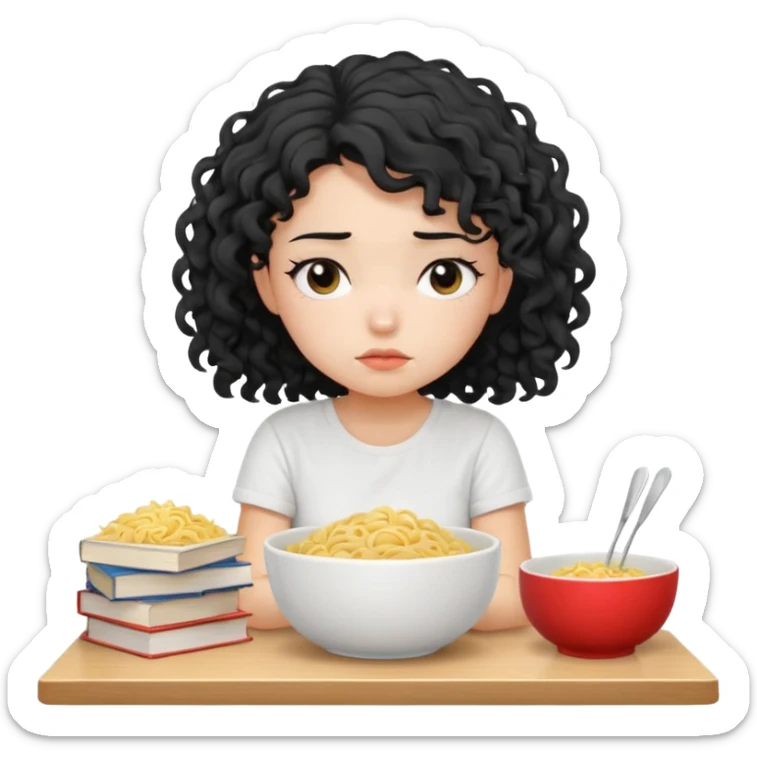 generate a pretty bratz fair skinned girl with curly black hair wearing a white tshirt sitting on a table with noodles and books. looking sleepy and tired and sad sticker