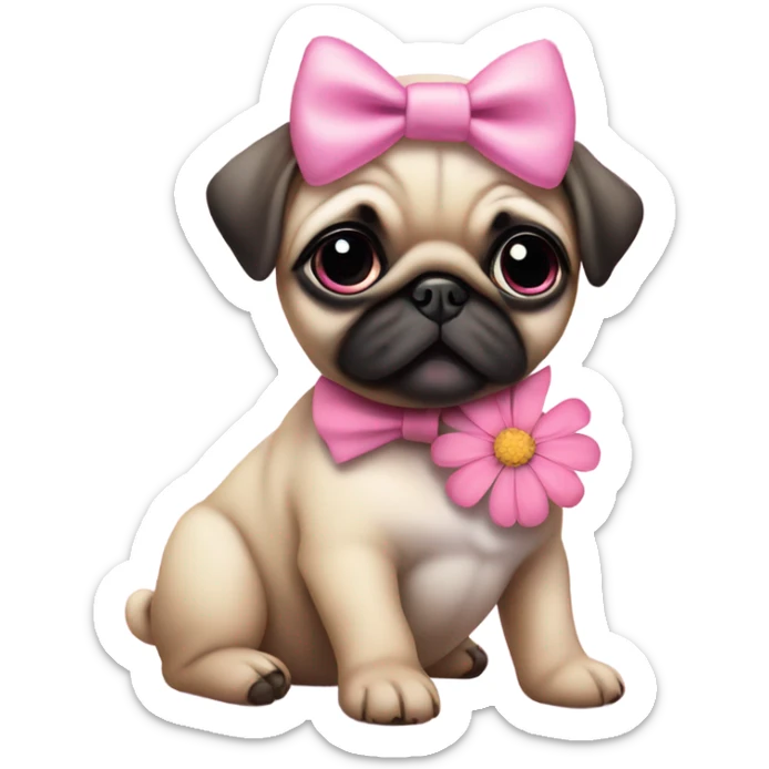 Baby pug with big pink
eyes wearing a pink bow on her head and a daisy in her mouth  sticker