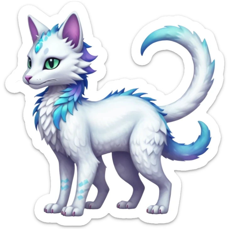 Kawaii white iridescent beautiful pretty elegant divine edgy fantasy feline-vernid-sergal-fursona animal creature with a tufted tail full body with intricate markings  sticker