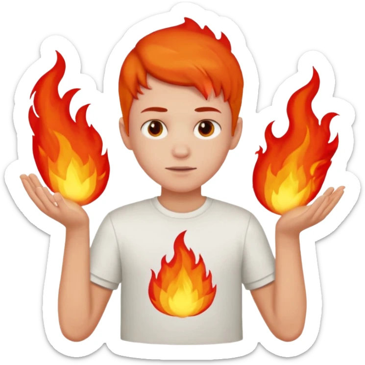 A boy with no hands fire instead made out of red fire and the boy is wearing a shirt that says FIRE C sticker