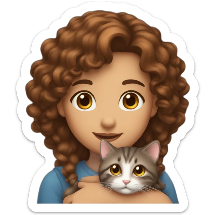 Girl long curly brown hair smiling et tenant brown eyes and holding a cat in her arms sticker