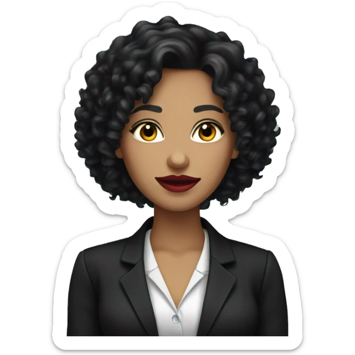 corporate white woman, red lipstick, long black curly hair, with a phone, black shirt, black blazer  sticker