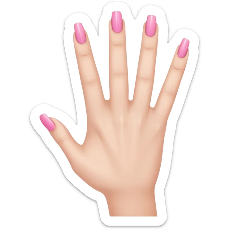 pink  close-up of a human hand with exactly five fingers, beautifully manicured nails, glossy pink nail polish, elegant nail shape, soft lighting, realistic style, isolated on transparent background" sticker