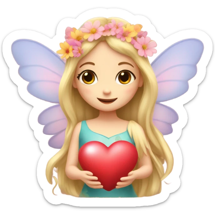 Fairy, long blonde hair, wings, flowers, heart eyes, hands holding heart sticker
