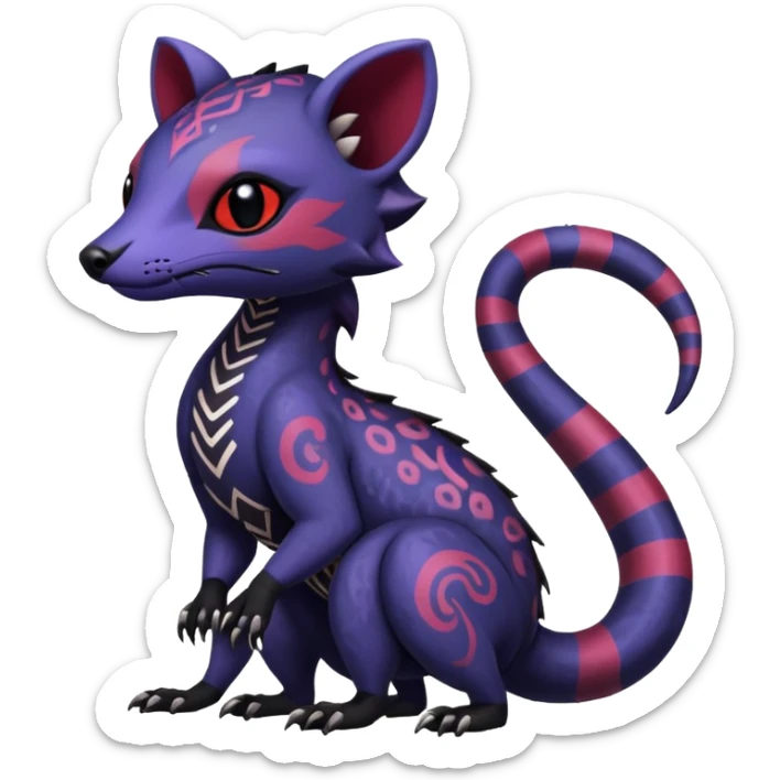 Rare warm-colored exotic gloomy tropical edgy cute epic aesthetic spooky indigo violet white black red gothic colorful Salandit-Salazzle-Civet-species-Fakemon-hybrid-creature, with tribal tattoo markings, full body sticker