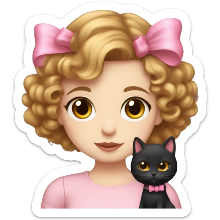 A girl with gold hazel eyes pale skin and curly brown hair holding a black cat with a pink bow on her hat the girl is wearing a black shirt sticker