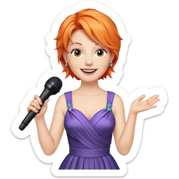 singer, Middle age, orange hair, happy, holding mic, wearing dress sticker