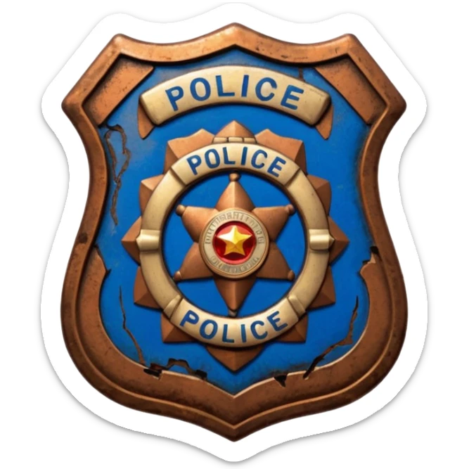 cinematic - aesthetic brilliant divine lighting, oil paint - vintage police badge rusty and broken sticker