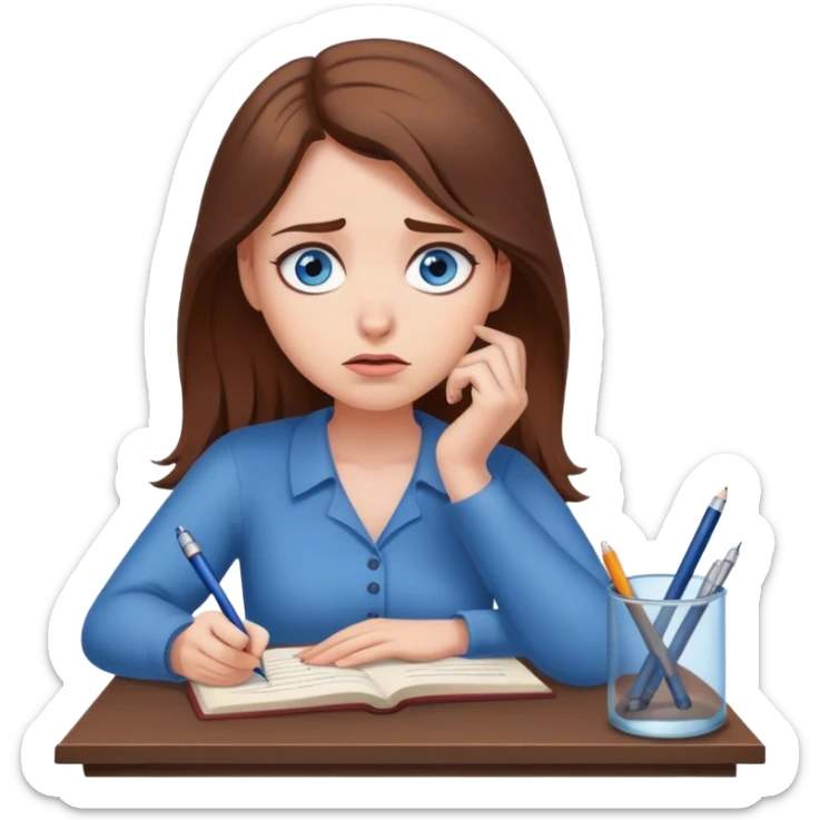 female writer, romantic, with brown hair, fair skin and blue eyes writing a book with a worried face sticker
