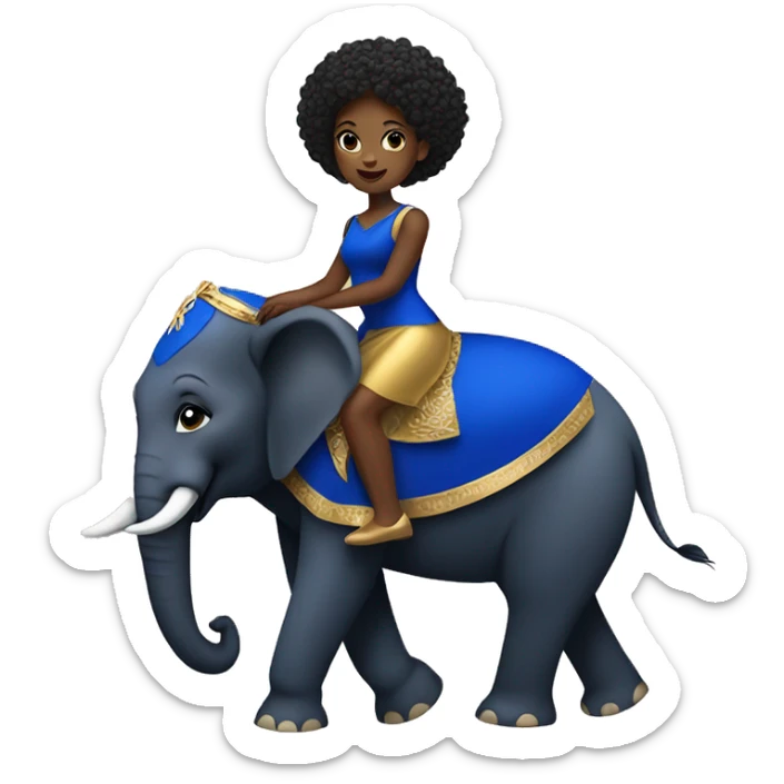 Young black woman in Royal blue and gold dress riding an elephant sticker