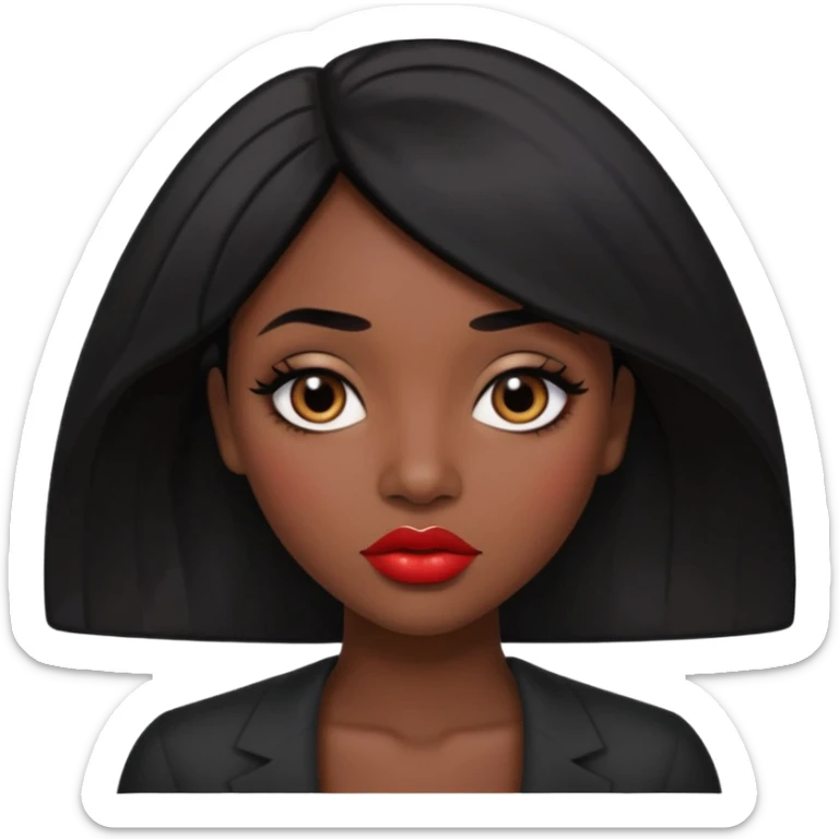 Dark skin woman with black hair, big lips m, dark brown eye, octagon face shape and chinky eyes no red lipstick  sticker