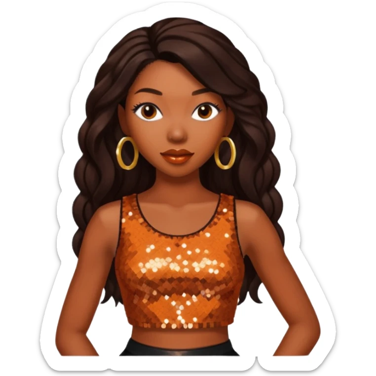 Brandy Norwood with long dark brown hair, sequin burnt orange crop top sticker