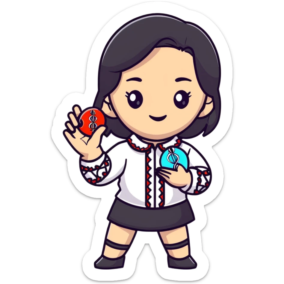 Ukrainian girl with dark hair in an embroidered traditional shirt holds a DNA molecule in her hand sticker