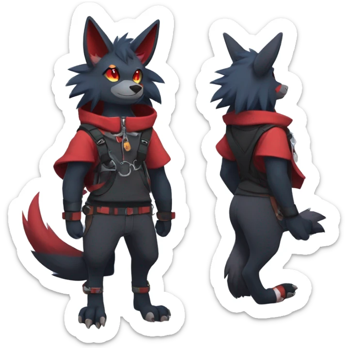 Cool Edgy Zorua-Zoroark-Mightyena with a collar and hoodie-sweater and harness on, full body sticker