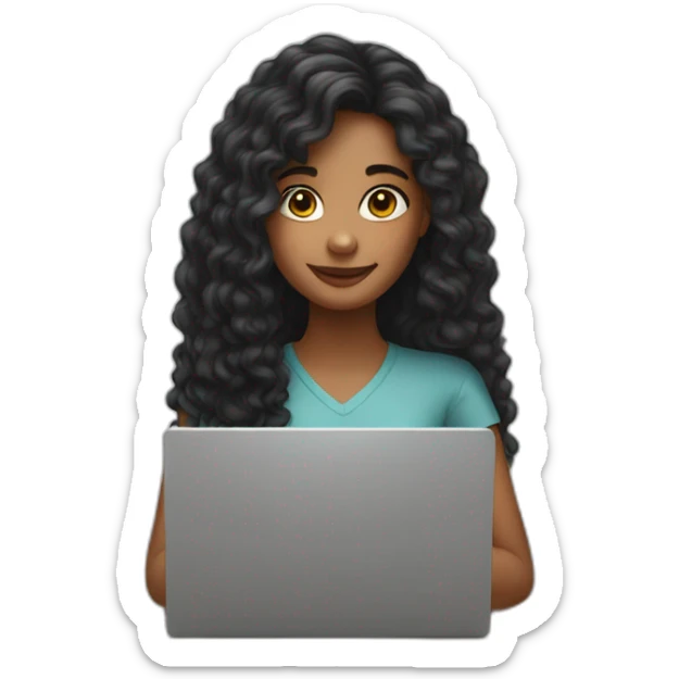 girl with long curly dark hair with a laptop in her hands sticker