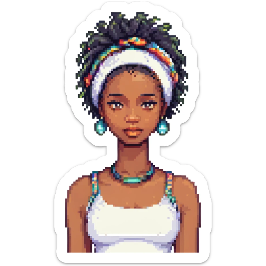 black woman with natural hair, with a headband, pixel art style sticker