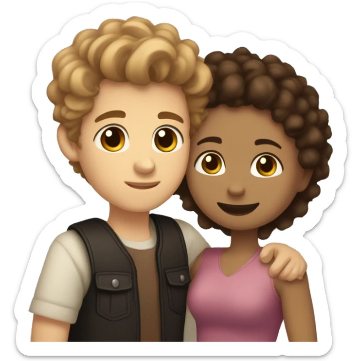 girl with light skin, hazel eyes and straight hair hugging a boy with fair skin, medium curly hair that is light brown and a tiny mustache and goatee and dark brown eyes sticker