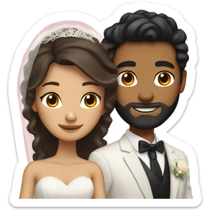 Tanned bride with brown hair and light skinned groom with black hair and beard sticker