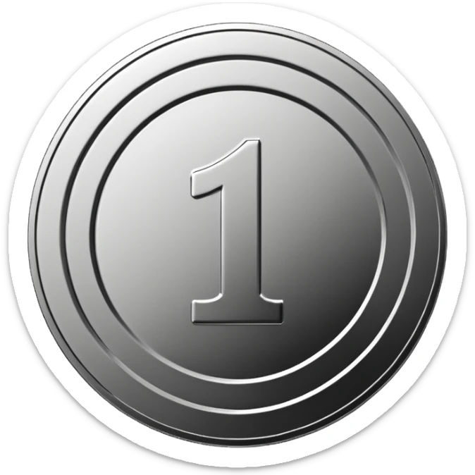 Emoji icon of a metal coin with engraved number 1, minimalist style, isolated, only metal color sticker