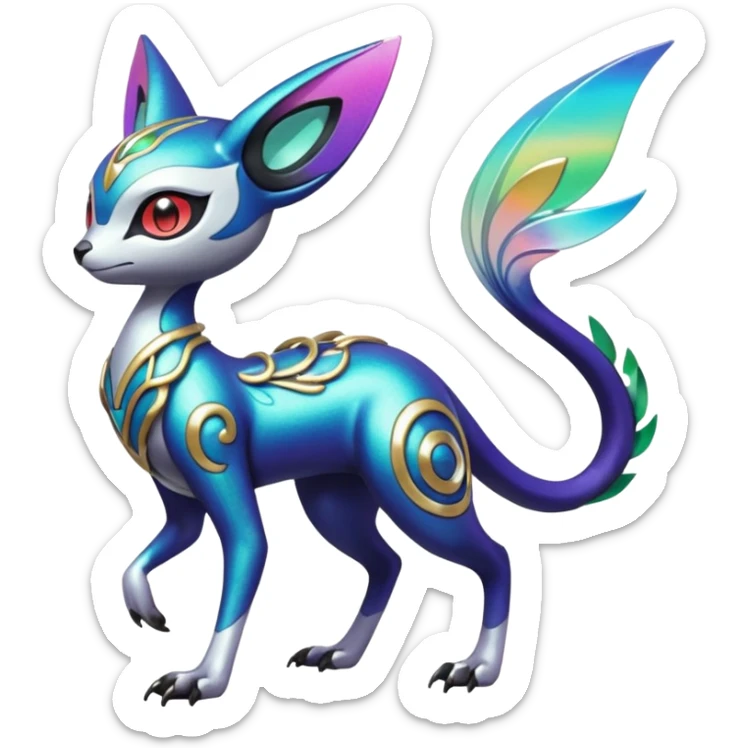 Shiny Colorful Futuristic Ornate Oriental Painted Asian Vernid-Trico-Meloetta-Latias-Koraidon-Peppercat-Protogen-Pokémon-Digimon-Fakémon-fusion-hybrid-creature sticker