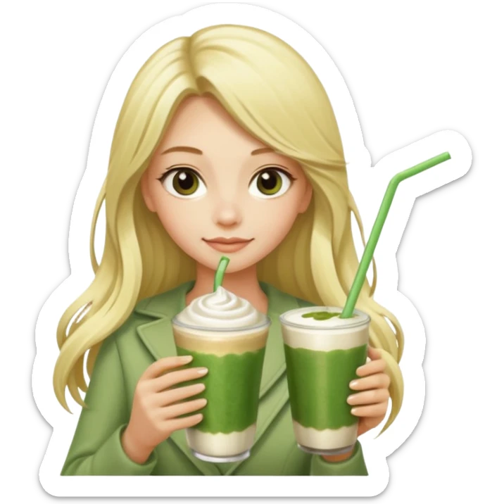 blonde luxury long hair girl with 1 matcha latte and 2 straws sticker