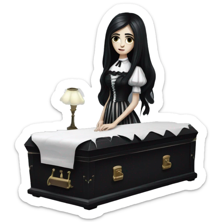 A gothic-style girl with long black hair in a black coffin with a white cushioned interior. She wears a striped black-and-white dress. Nearby is a white desk with dark books and an antique lamp. sticker