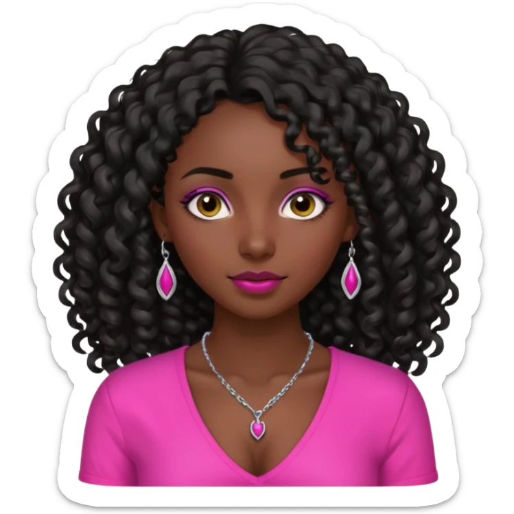 Dark skin girl with long black curly hair with 4 edges 2 on each side wearing a hot pink v-cut neckline shirt with a simple silver necklace sticker
