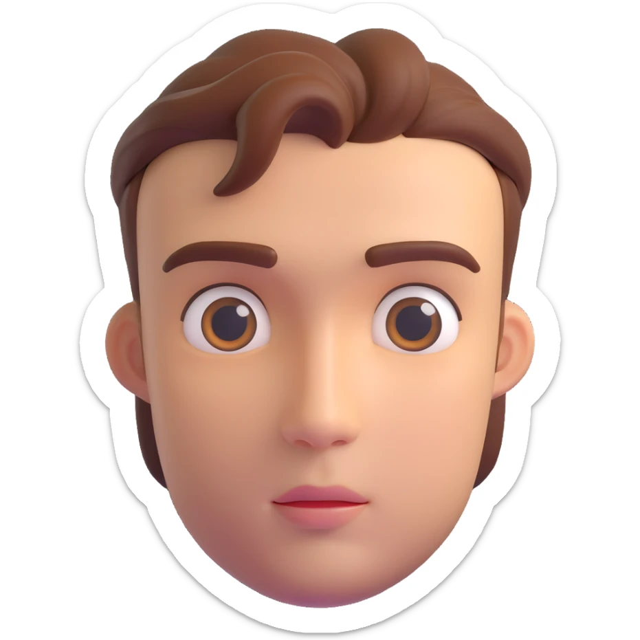 3D emoji-style head of a handsome man, front view, eyes gazing upward thoughtfully, symmetrical features, calm expression, smooth skin, soft lighting sticker