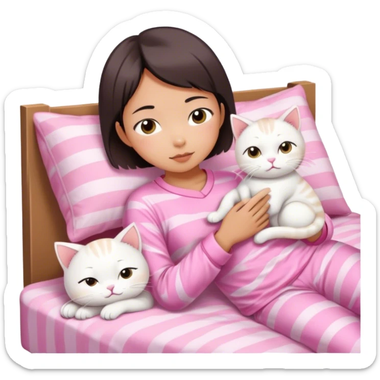 Short hair Asian girl wake up with white cat in pink pj sticker