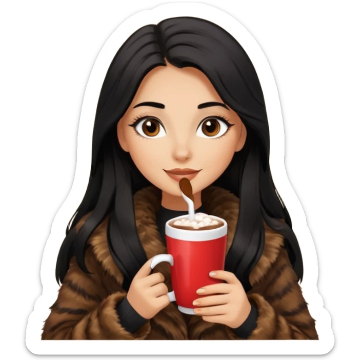 Tanned Girl with lashes , bright black long hair, in an extremely big fluffy brown fur mustang, and drinking hot chocolate drink sticker