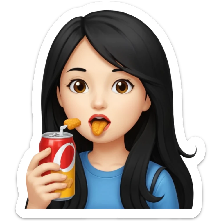 girl with long black hair eating with mouth on the chicken nugget and holding a soda can sticker