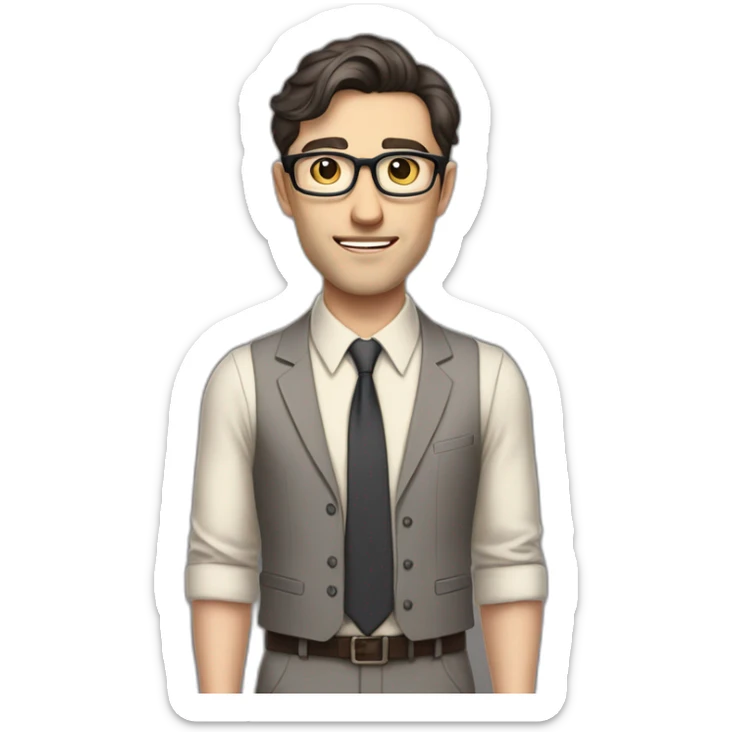 Full height Pale skinned Fit Man With dark brown hair in classic gray suit, beige office shirt, dark gray tie, and vintage glasses. Thrumbs of his palms directed up sticker