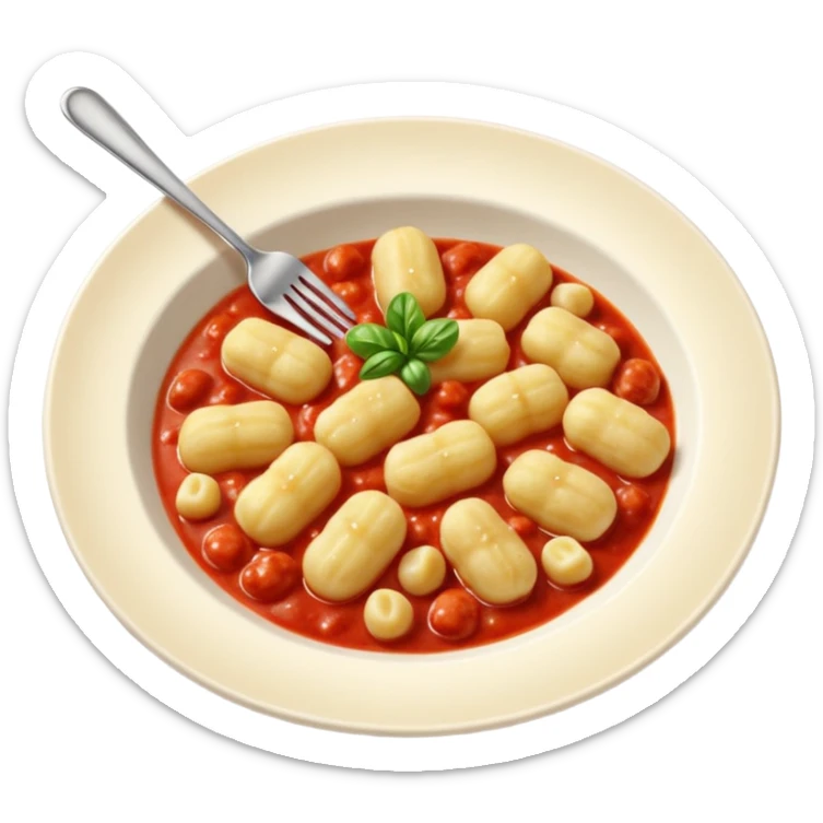 Gnocchi Cinematic Realistic Gnocchi Dish Emoji, depicted as tender oblong potato gnocchi garnished with iconic fork marks on top, rendered with soft textures and warm, inviting lighting. add red sauce sticker