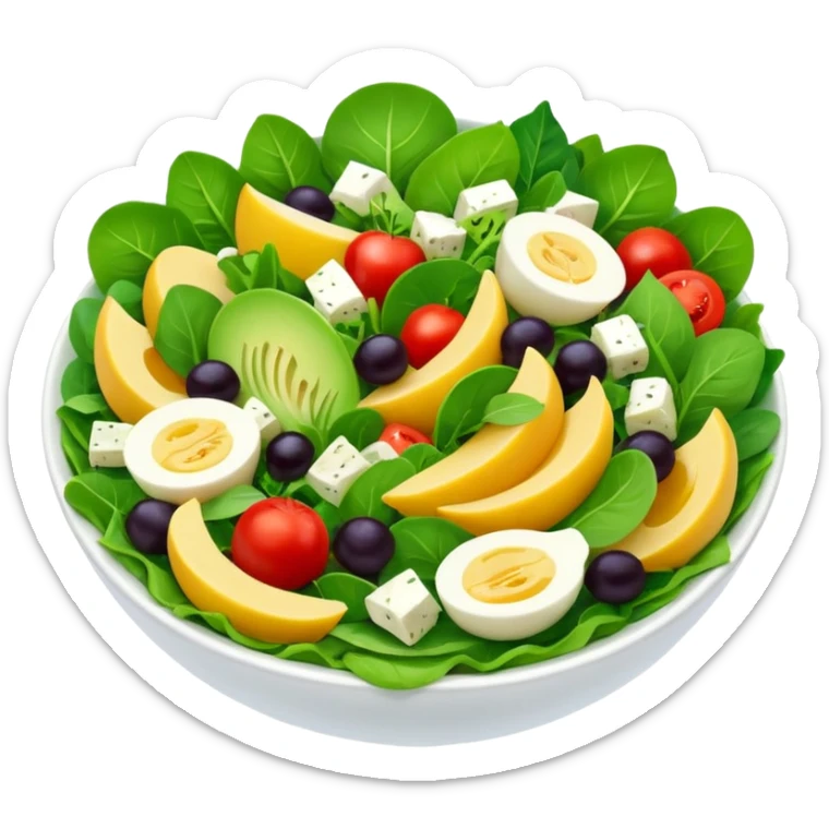 Salad community avatar in clean emoji-style illustration. Classic salads like Olivier and Tashkent, vibrant greens and colorful ingredients, simple shapes, flat design, high contrast, fresh and inviting. sticker