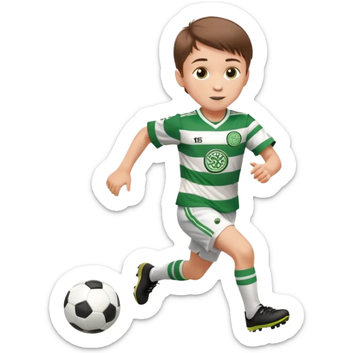 Celtic footballer jersey logo  6 years old brown hair white boy , brown eyes , stripes uniform , RUNNING  with soccer ball # 17 celtic football logo PUT ONLY ONE LOGO ONE CELTIC LOGO ONLY white shorts sticker