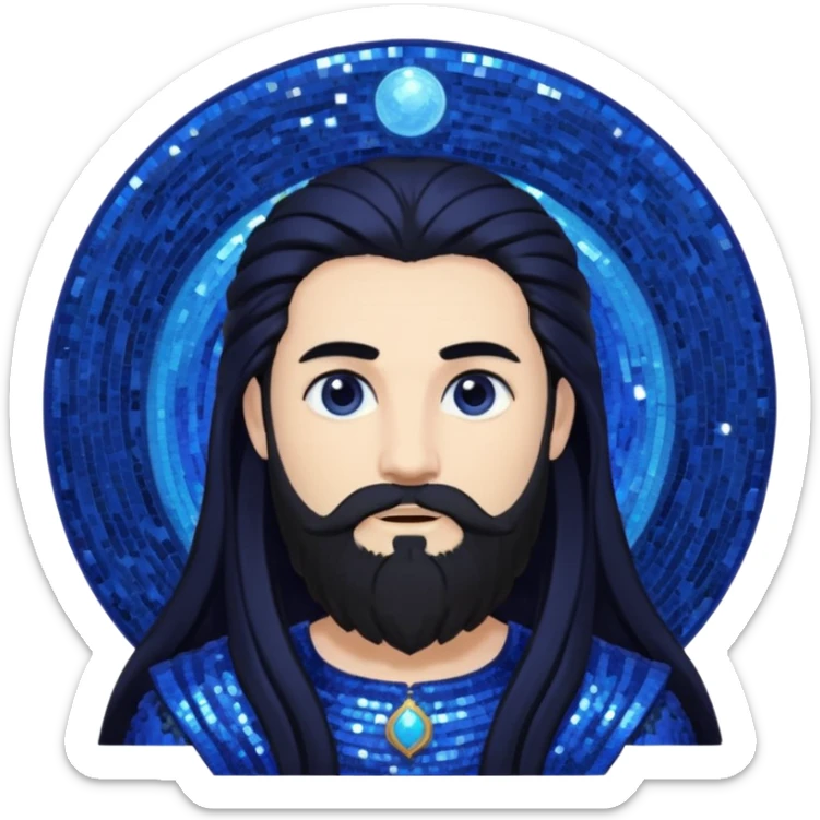 Saturn, God of Time from Gods and Goddesses with long black hair and beard, indigo sequin outfit sticker