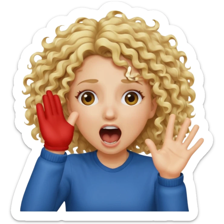 Emoji di ragazza bionda riccia che urla e mette una mano ben aperta in faccia davanti gli occhi sticker