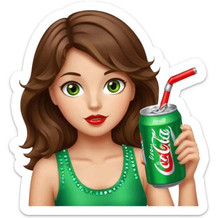 Girl with brown wavy hair green-brown eyes drinking a bedazzled Diet Coke  sticker