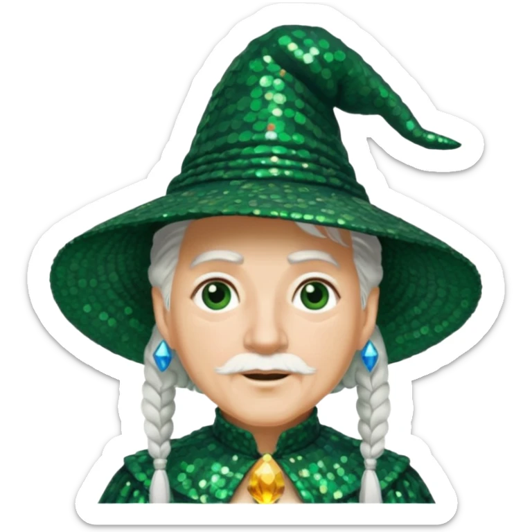 The Wizard from the Wizard of Oz with white hair, dark green sequin outfit sticker