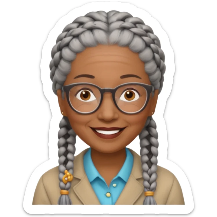 Older woman of color with gray braids, glasses and smiling sticker