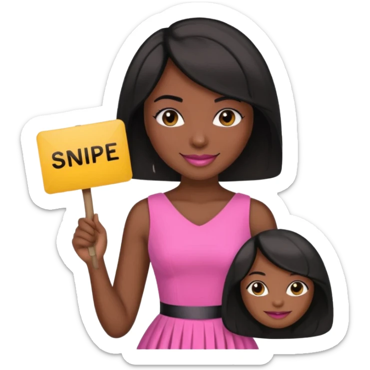 Dark skin woman with black bob in hair holding sign that says snipe  wearing pink dress  sticker