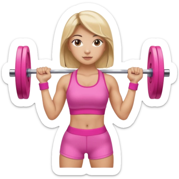 An Asian lady with gray eyes, balayage hair, blonde highlights, in a pink gym outfit, holding a pink barbell  sticker