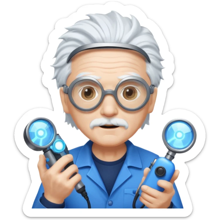 A quirky old inventor with wild white hair, goggles, and a glowing gadget in hand.
 sticker