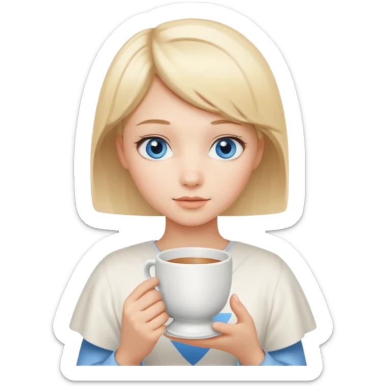 angelic blonde girl with short hair and blue eyes holds a cup sticker