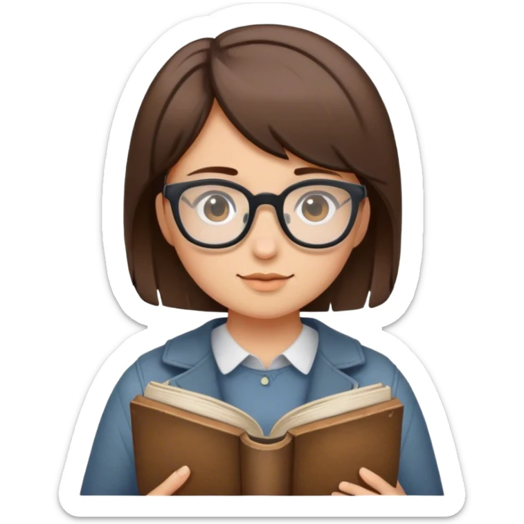 girl with short brown hair, wearing glasses and holding a book sticker